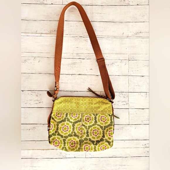 Vintage Fossil Green Canvas & Brown Genuine Leather Crossbody Purse Floral - Picture 5 of 16